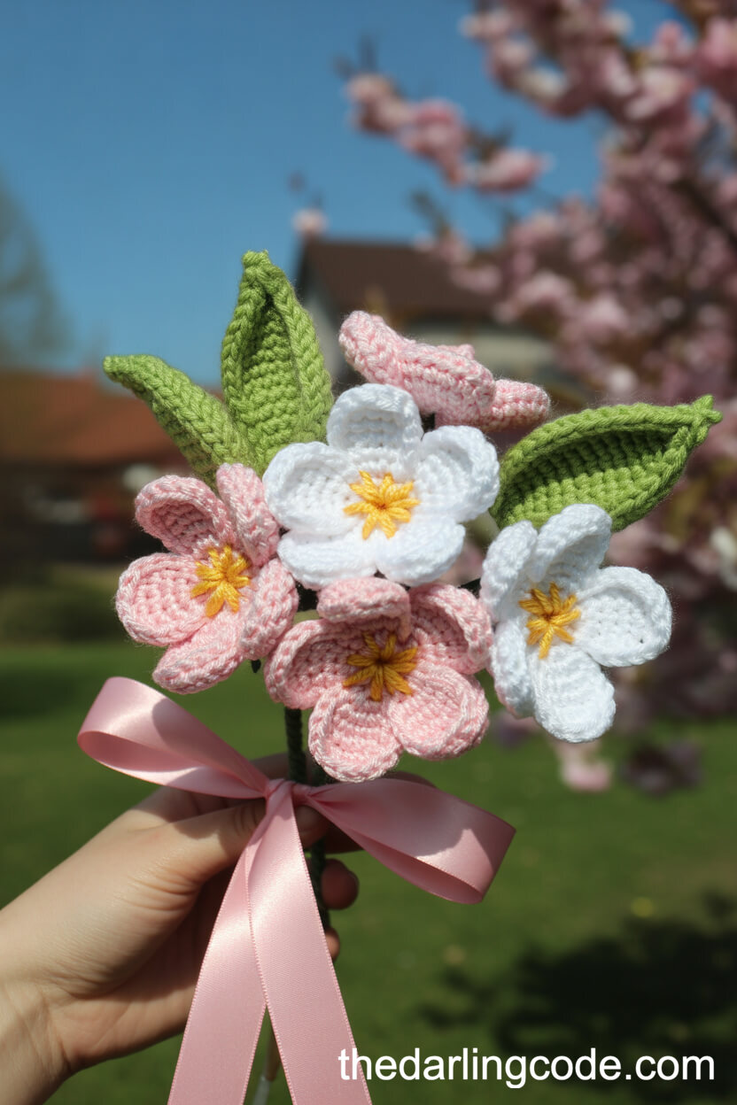 Delicate Crochet Cherry Blossom Wedding Bouquet