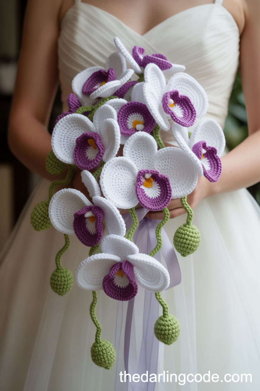 Cascading White And Purple Crochet Orchid Bouquet