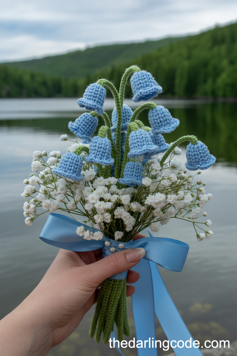 Delicate Crochet Bluebell And Baby’s Breath Lakeside Bouquet