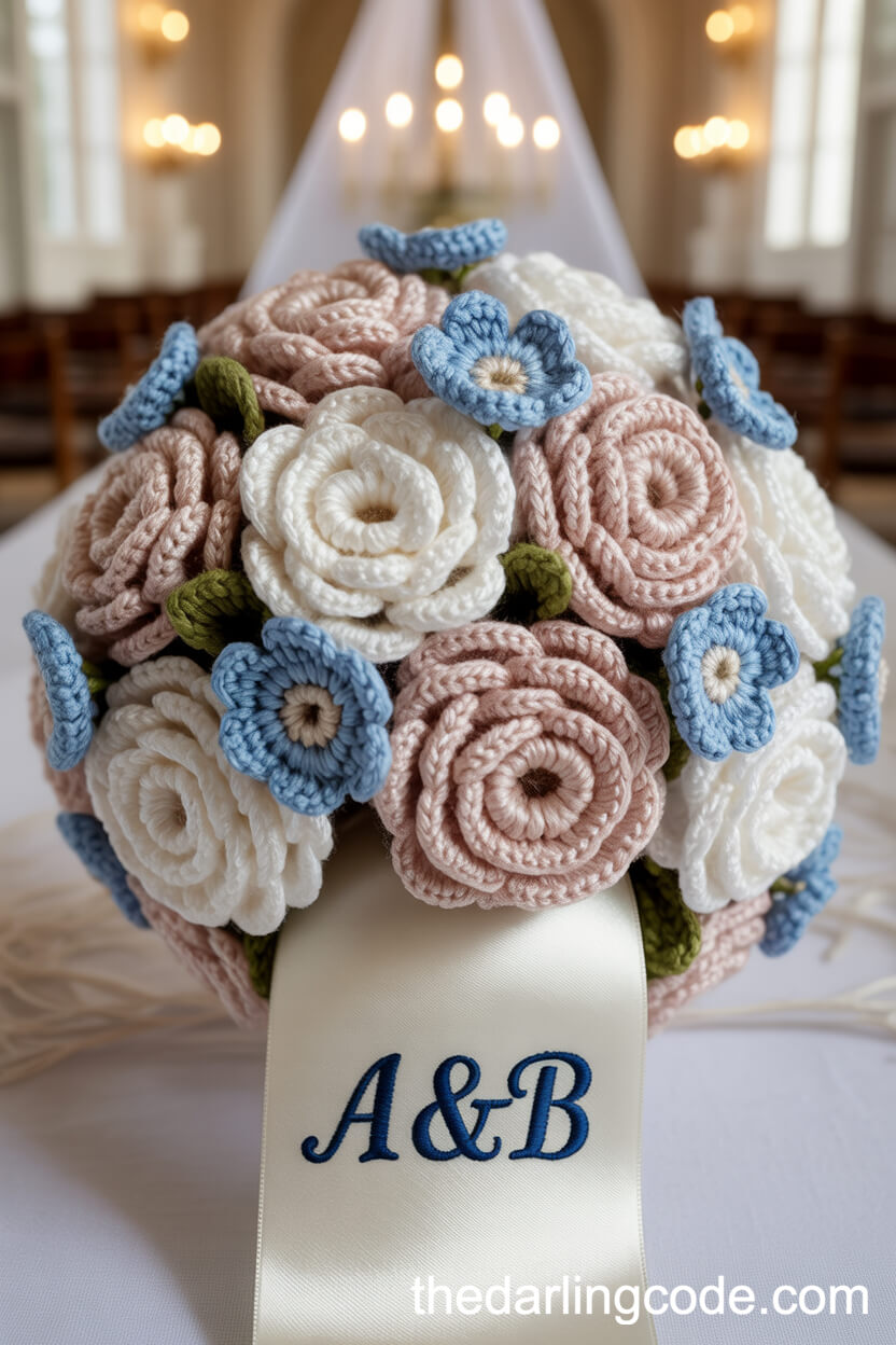 Personalized Blush And Blue Crochet Rose Bouquet With Monogram Ribbon