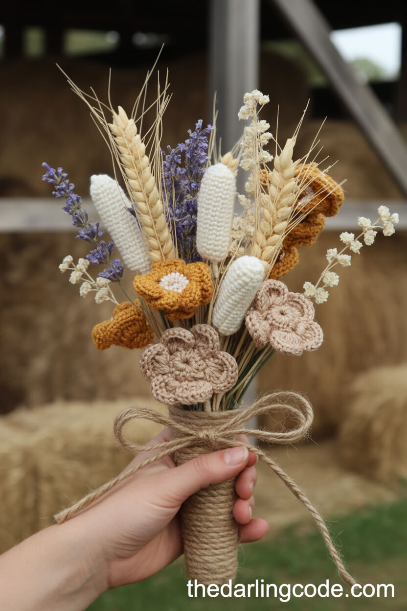 Rustic Barn Wedding Bouquet With Crochet Dried Flowers