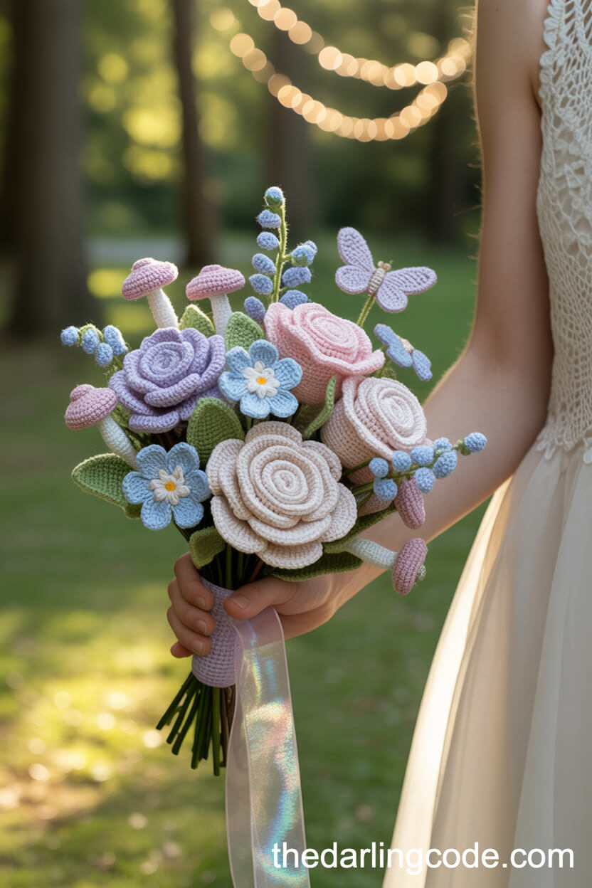 Fairy-Tale Crochet Garden Bouquet With Toadstools And Butterflies