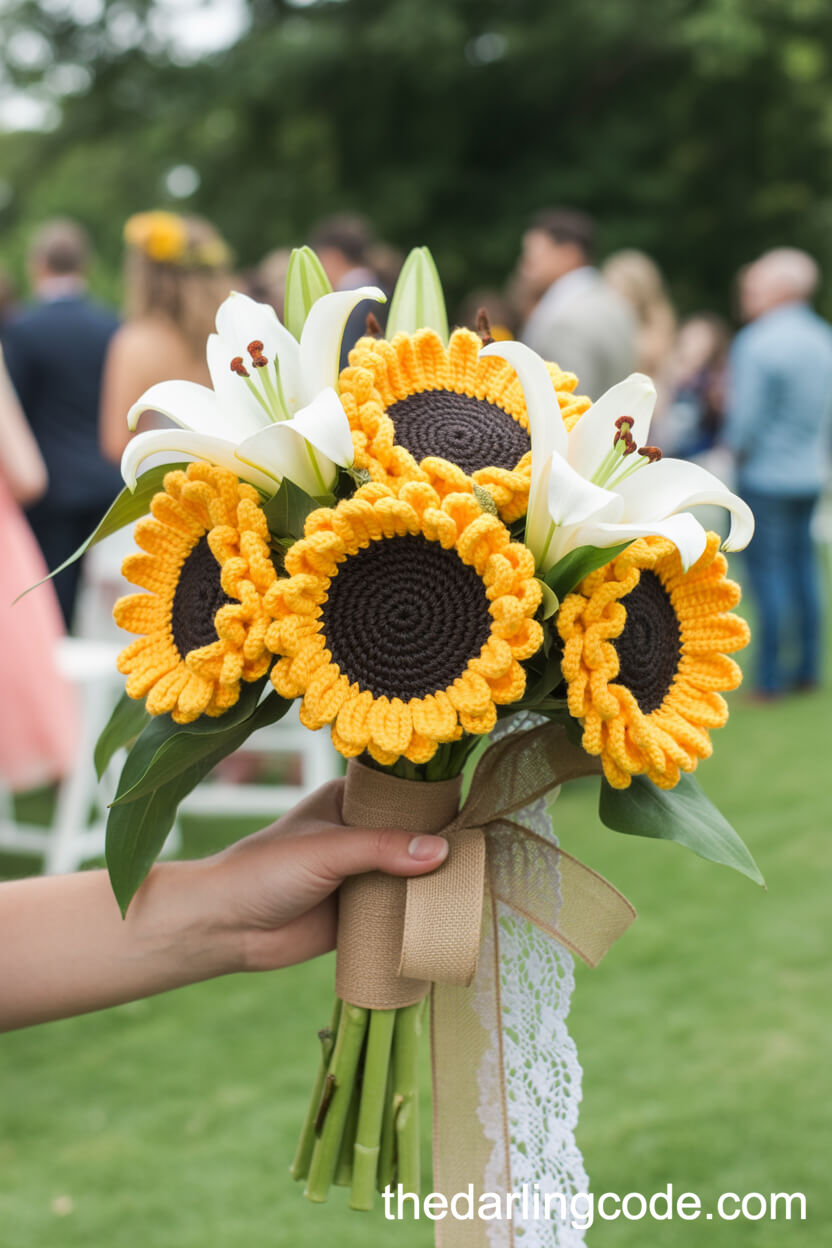 Bright Crochet Sunflower And Lily Summer Bouquet