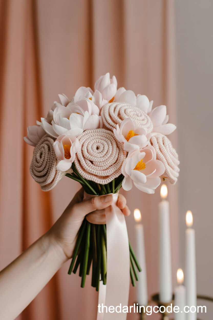Blush And Peach Crochet Rose Bouquet With Crocus