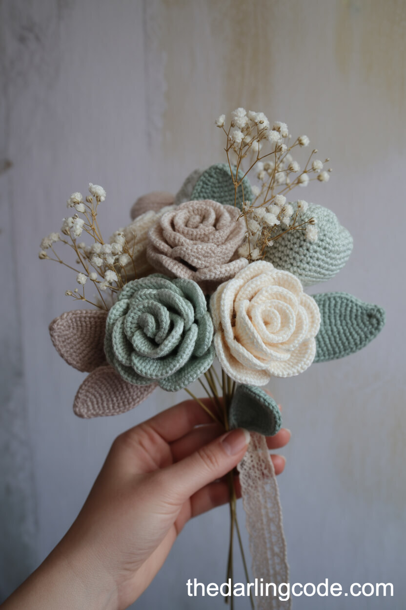 Vintage-Style Tea Rose And Baby’s Breath Crochet Bouquet