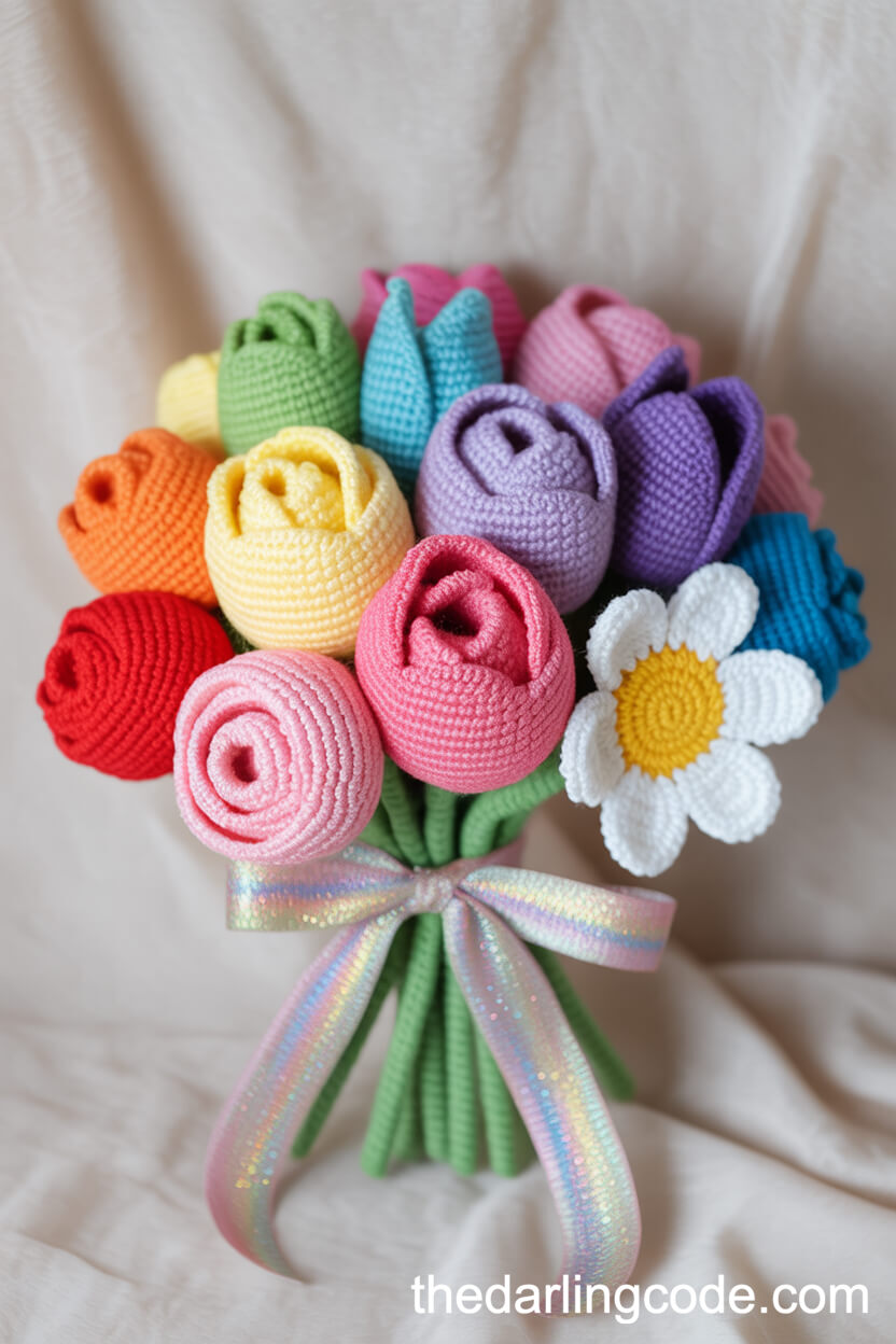 Vibrant Rainbow Crochet Wedding Bouquet