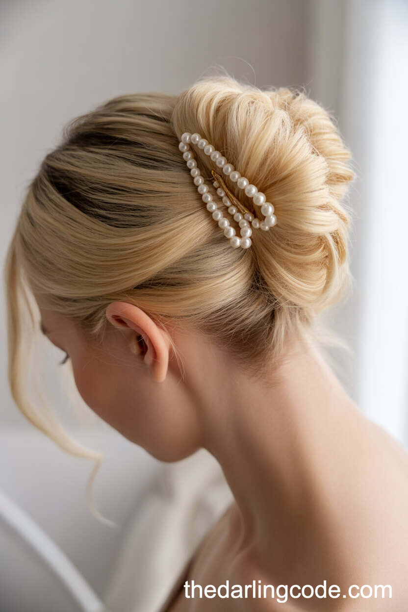 Luxurious French Twist Updo With Pearl Clip