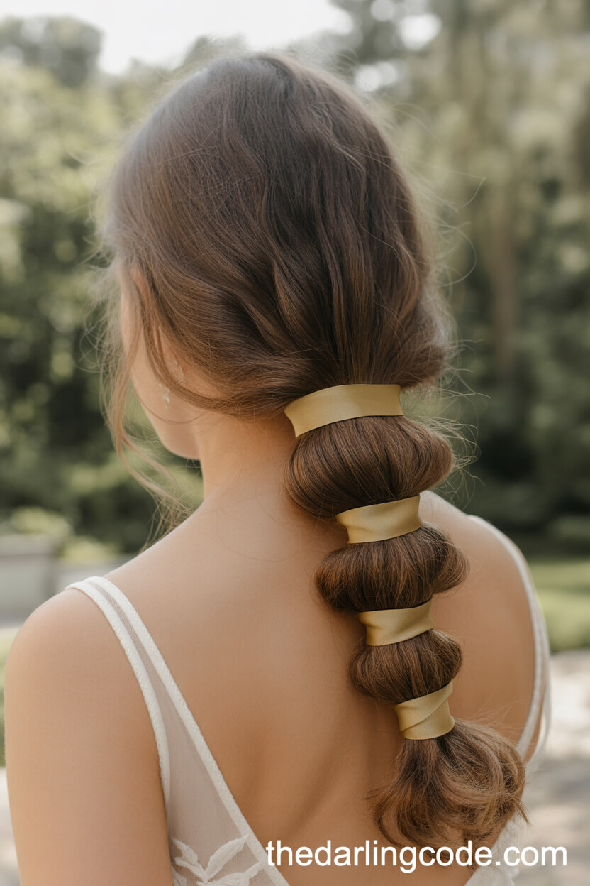 Low Ponytail Braid With Intertwined Gold Ribbon