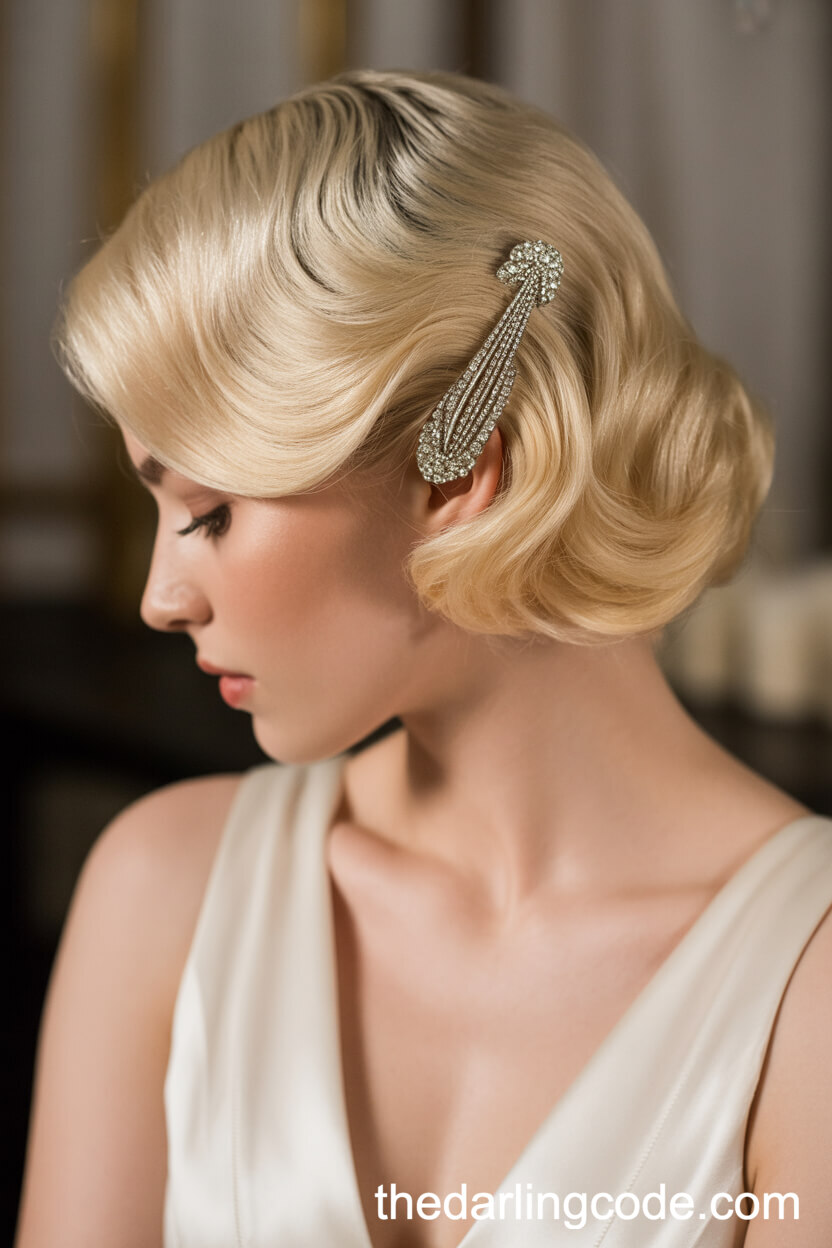 Vintage Side Bun With Glossy Waves And Art Deco Pin