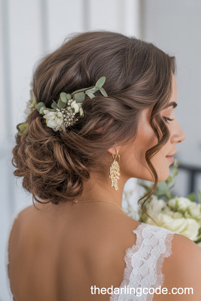 Loose Voluminous Updo With Face-Framing Curls And Florals