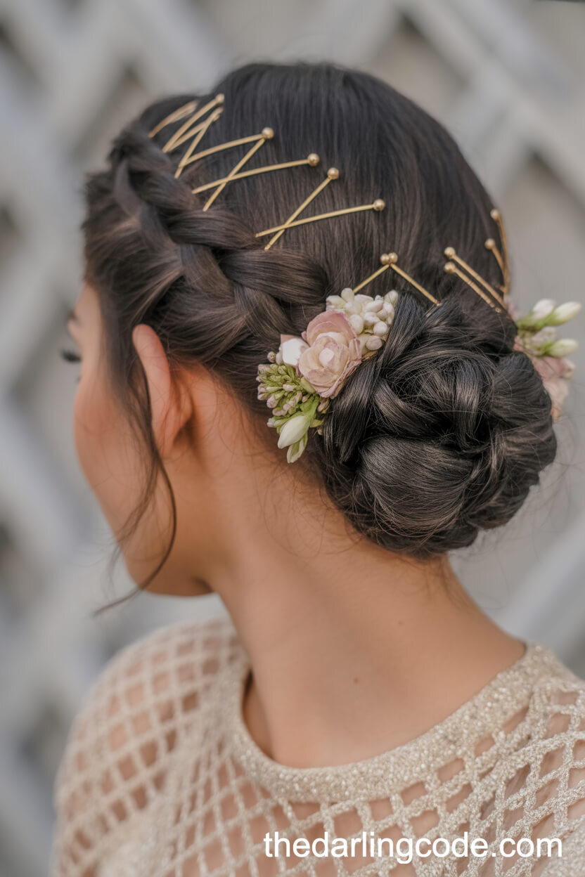 Intricate Braided Updo With Fresh Flowers And Gold Pins
