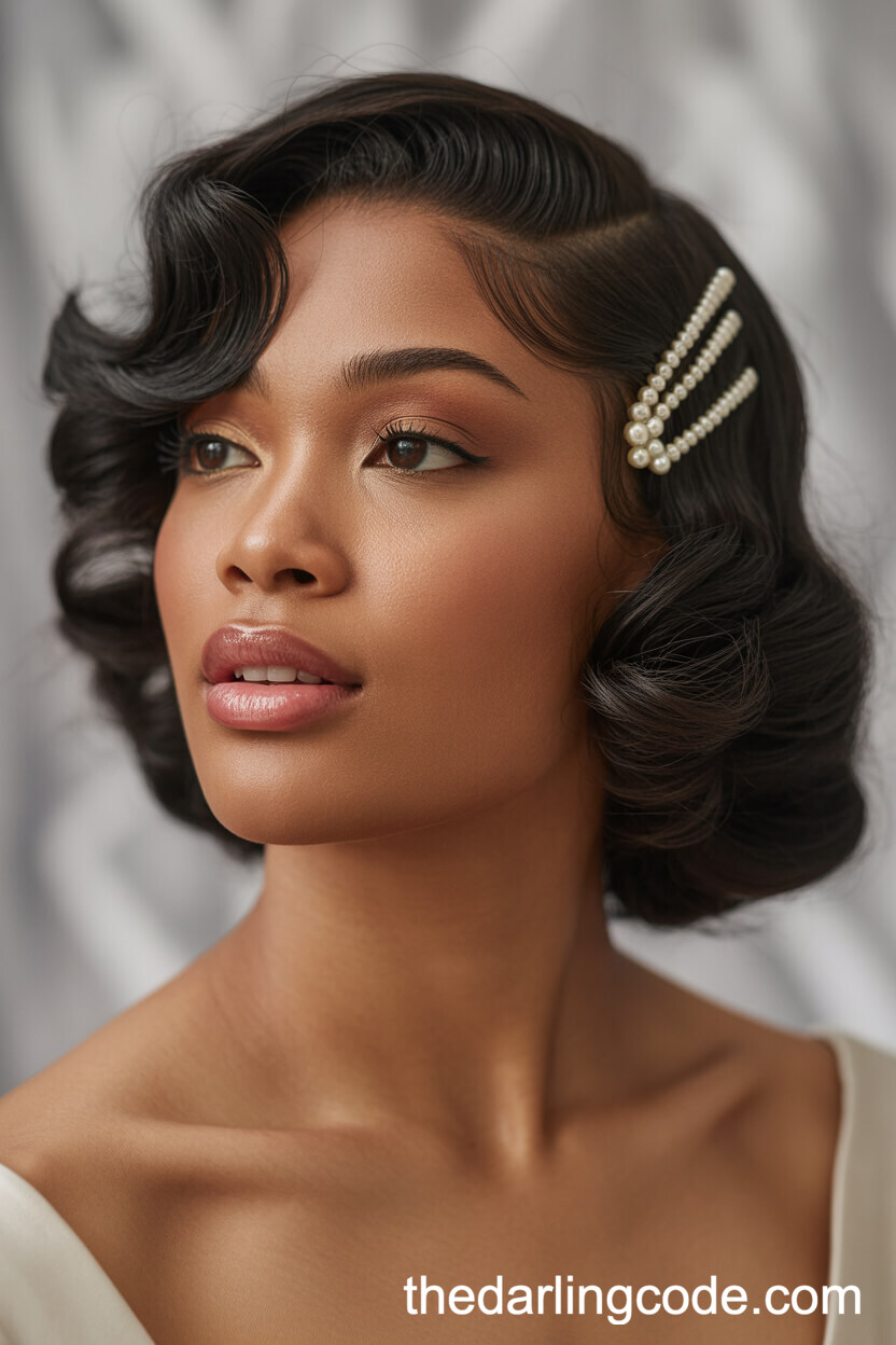 Glossy Hollywood Finger Waves With Pearl Clip