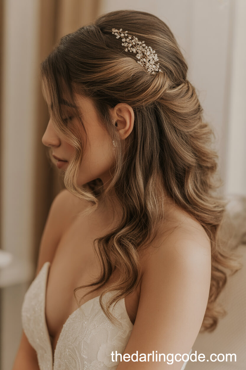 Half-Up Half-Down Glamorous Curls With Jeweled Comb