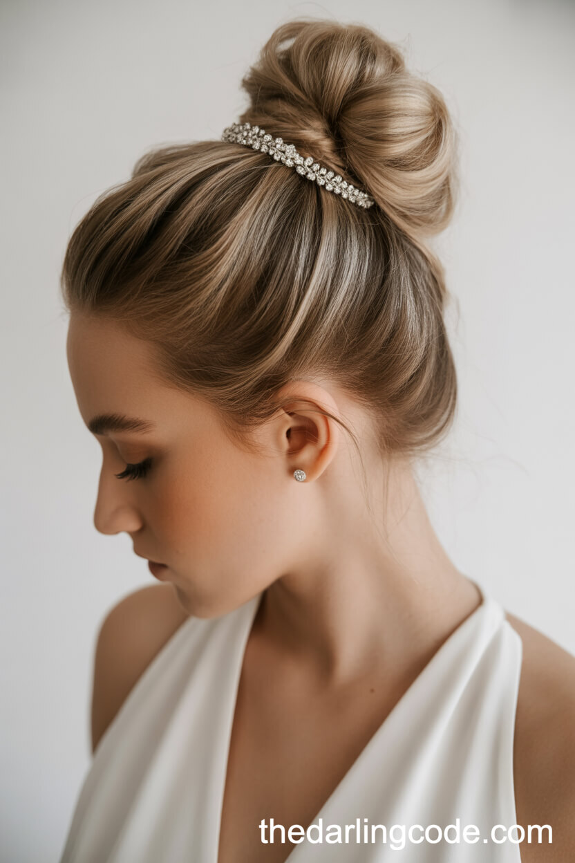 Sleek High Bun Wrapped With Hair And Diamond Accent