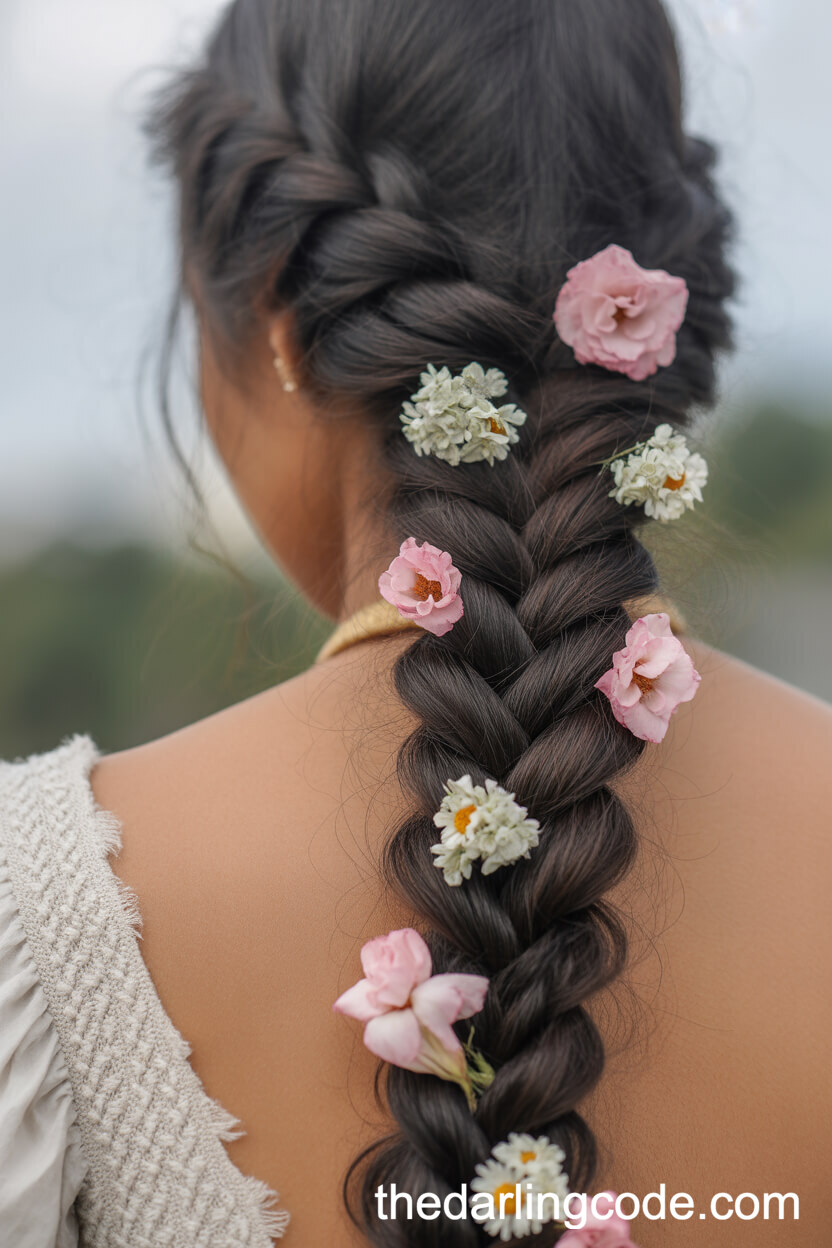Thick Fishtail Braid Embellished With Fresh Flowers