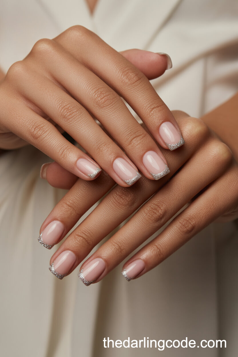 Sheer Pink Square Nails With Silver Glitter Tips