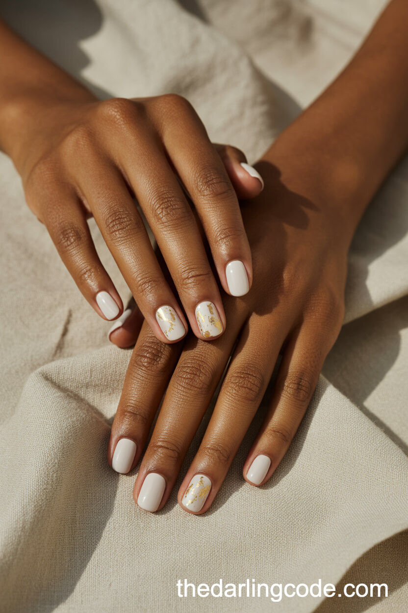 Matte Soft White Round Nails With Gold Foil Accents