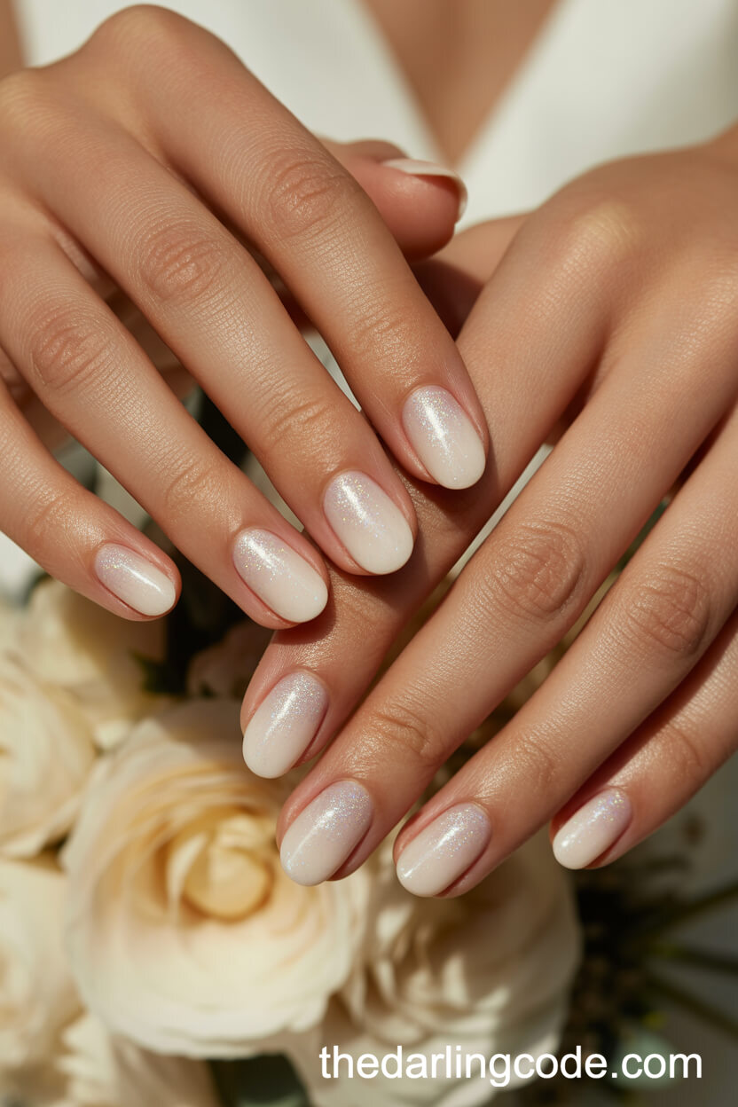 Nude Pink To Cream Ombre Oval Nails With Shimmer