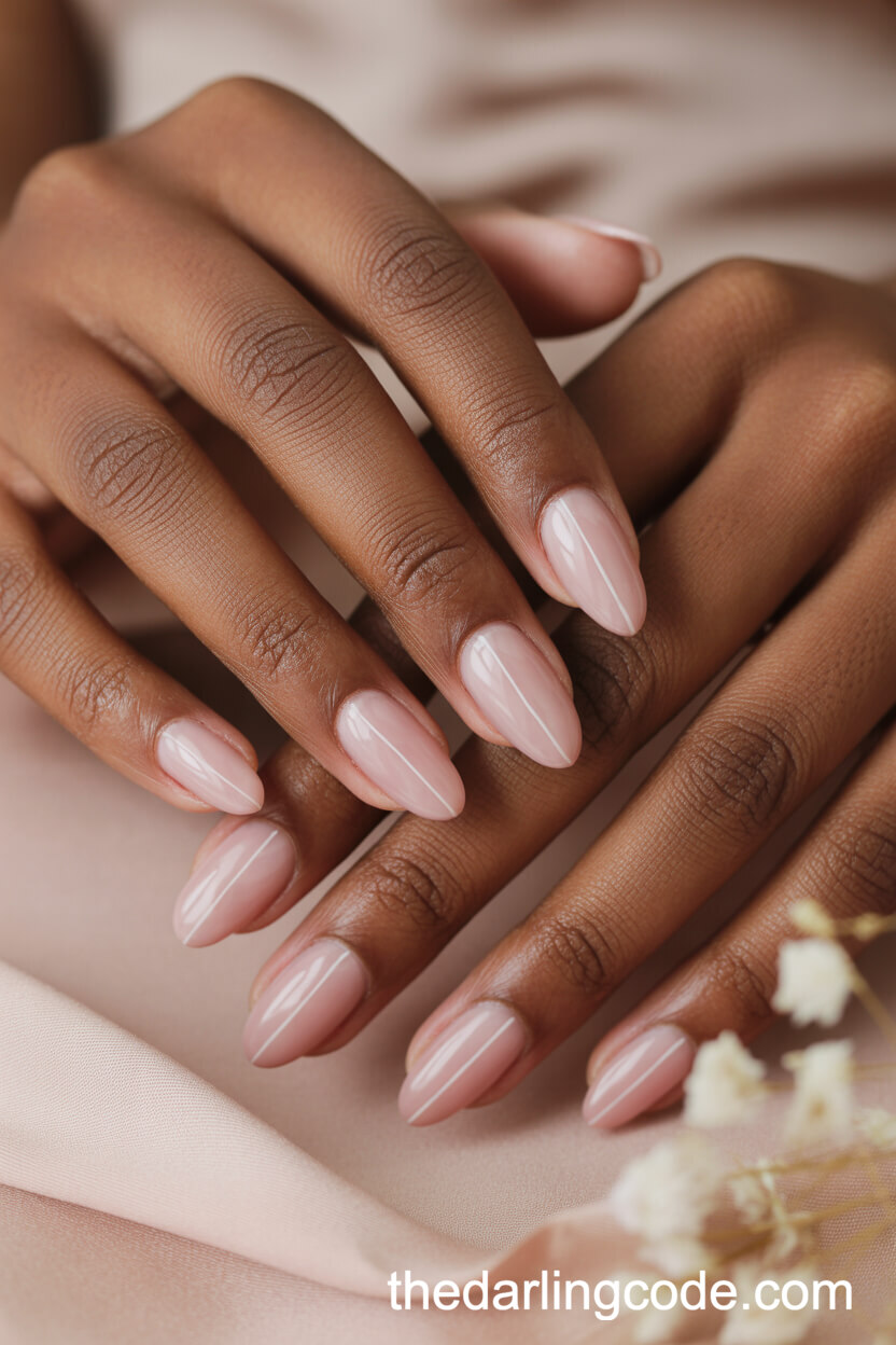 Pink Nude Almond Nails With Minimalist Geometric Lines