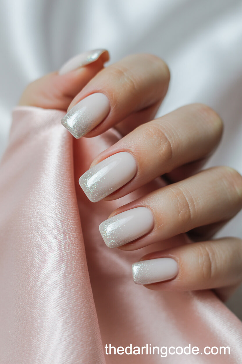 Ivory Square Nails With Silver Sparkling Ombre Tips
