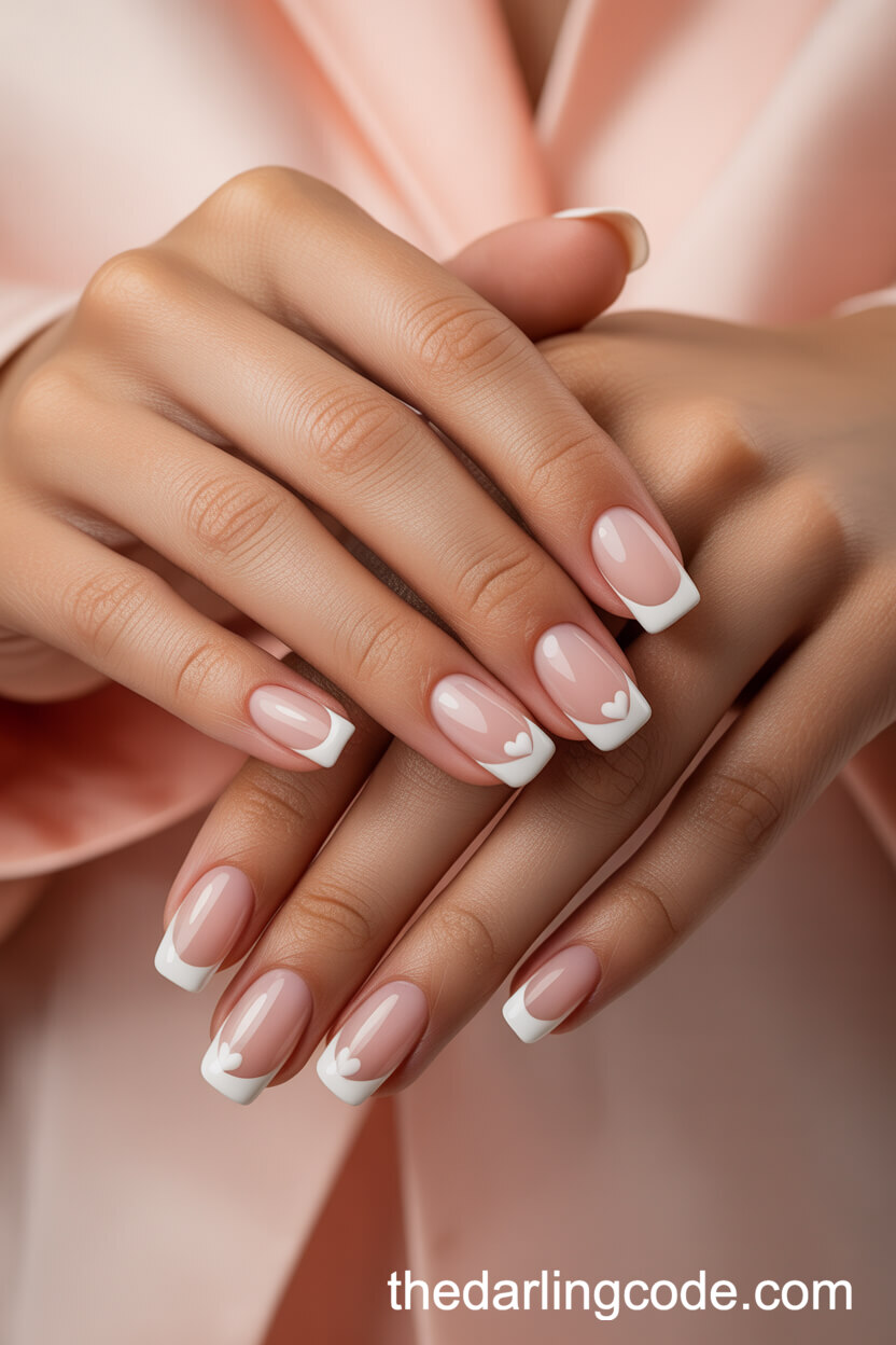 French Squoval Nails With White Heart Accents