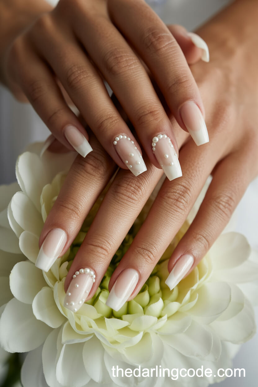 Milky White Coffin Nails With Pearl Accents