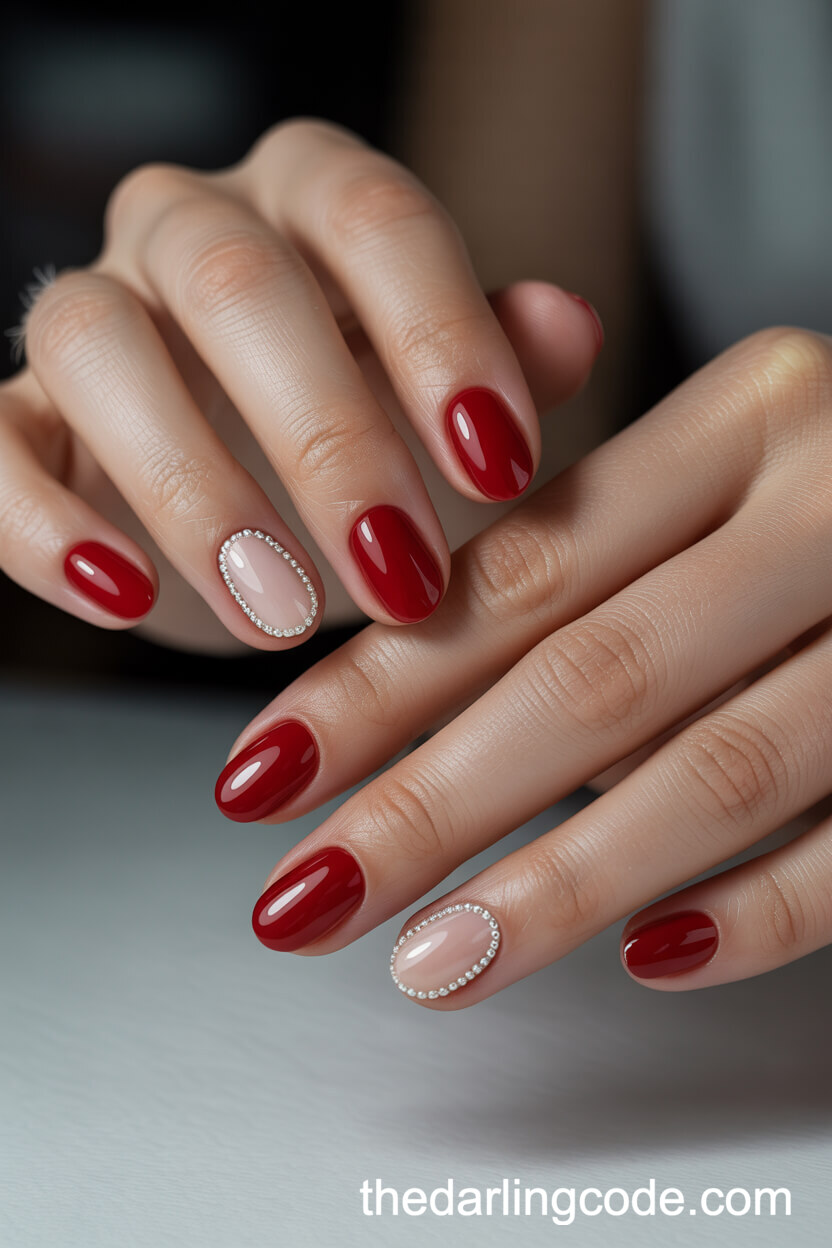 Deep Red Short Oval Nails With Pearl Borders