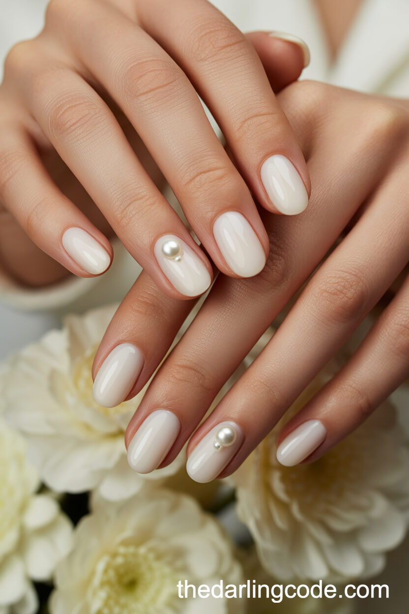 Milky White Glossy Oval Nails With 3D Pearl Accents