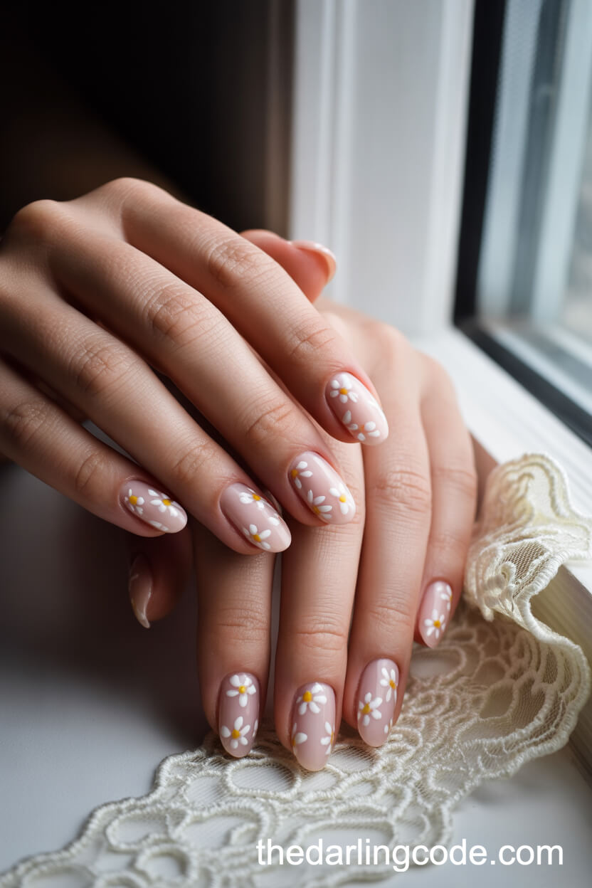 Blush Pink Oval Nails With White Floral Designs