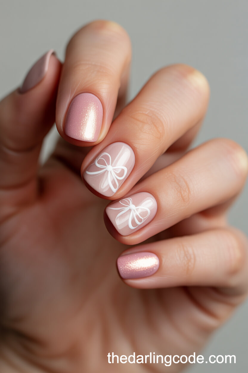 Blush Pink Short Round Nails With White Bow Art