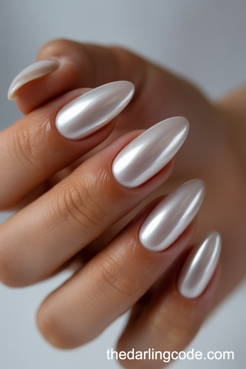 Extra Glossy Pearl Chrome Almond Nails