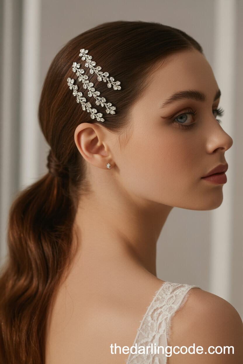 Low Sleek Ponytail With Crystal Hairpins