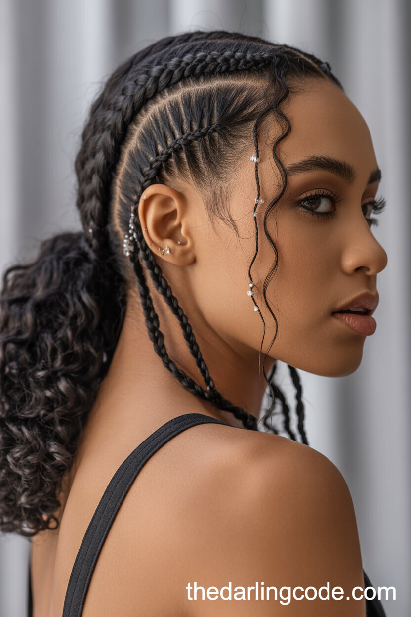 Natural Curls Ponytail With Side Cornrow Braids