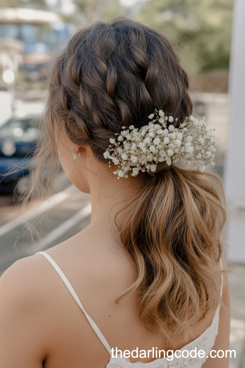 Messy Textured Ponytail With Baby’s Breath Flowers