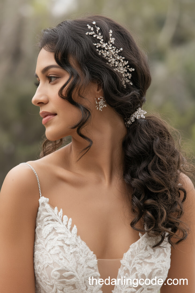 Side Ponytail With Lush Curls And Crystal Jewels