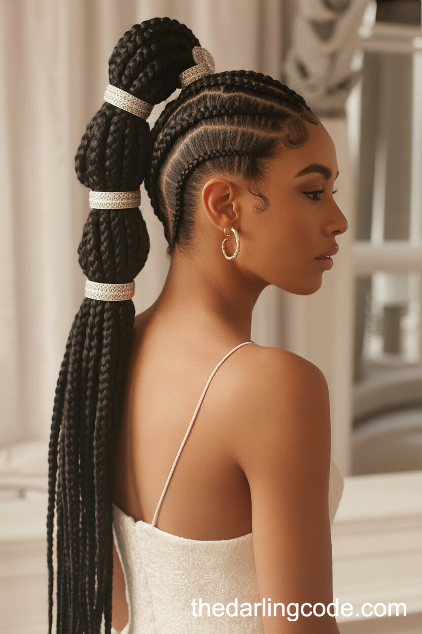 Rope Braided Ponytail With White Gold Hair Rings