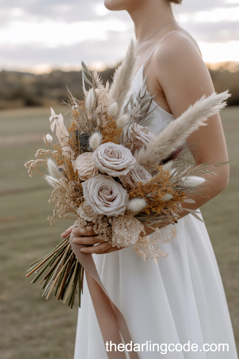 Bohemian Pampas Grass And Neutral Rose Bouquet