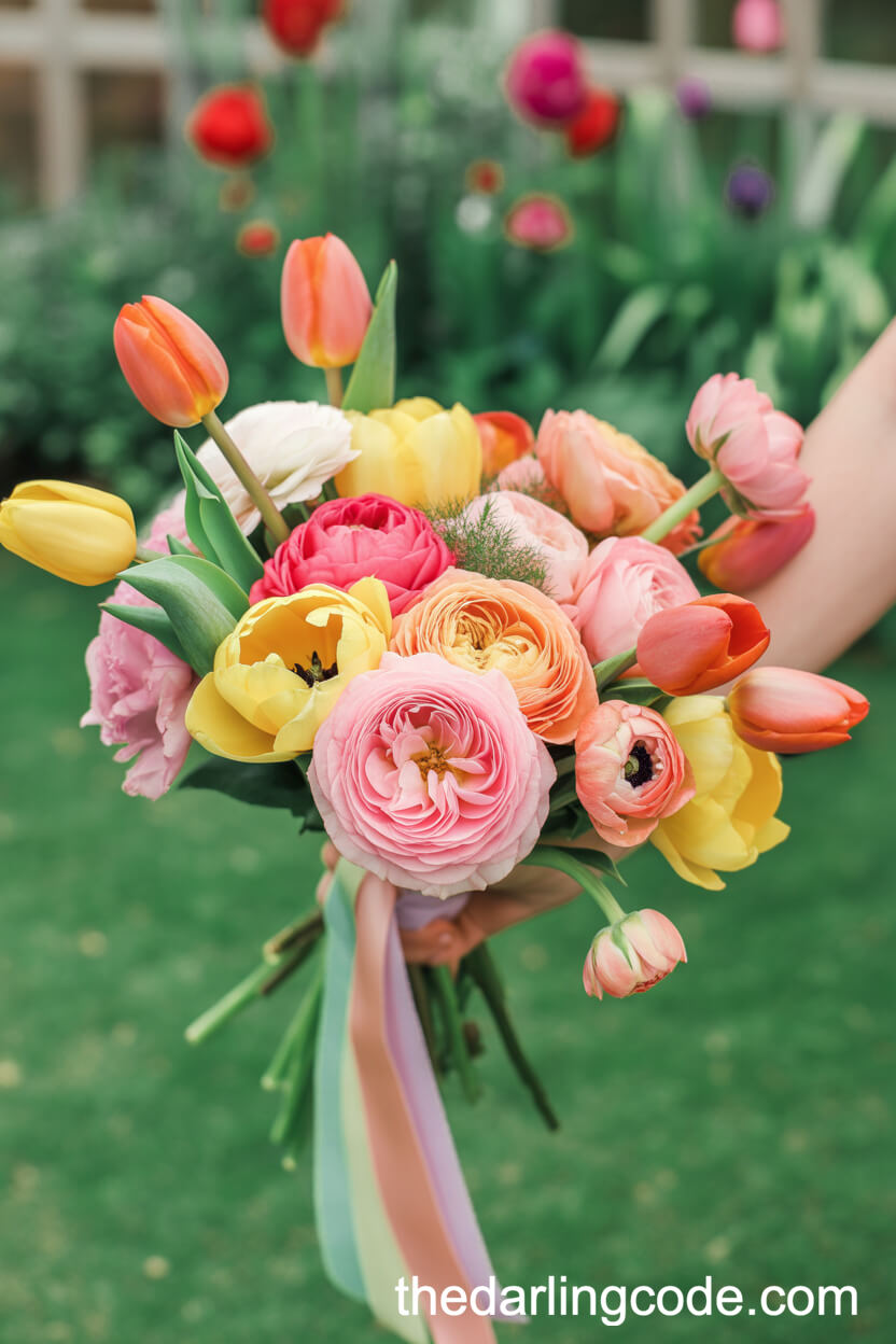 Cheerful Colorful Garden Rose And Tulip Bouquet