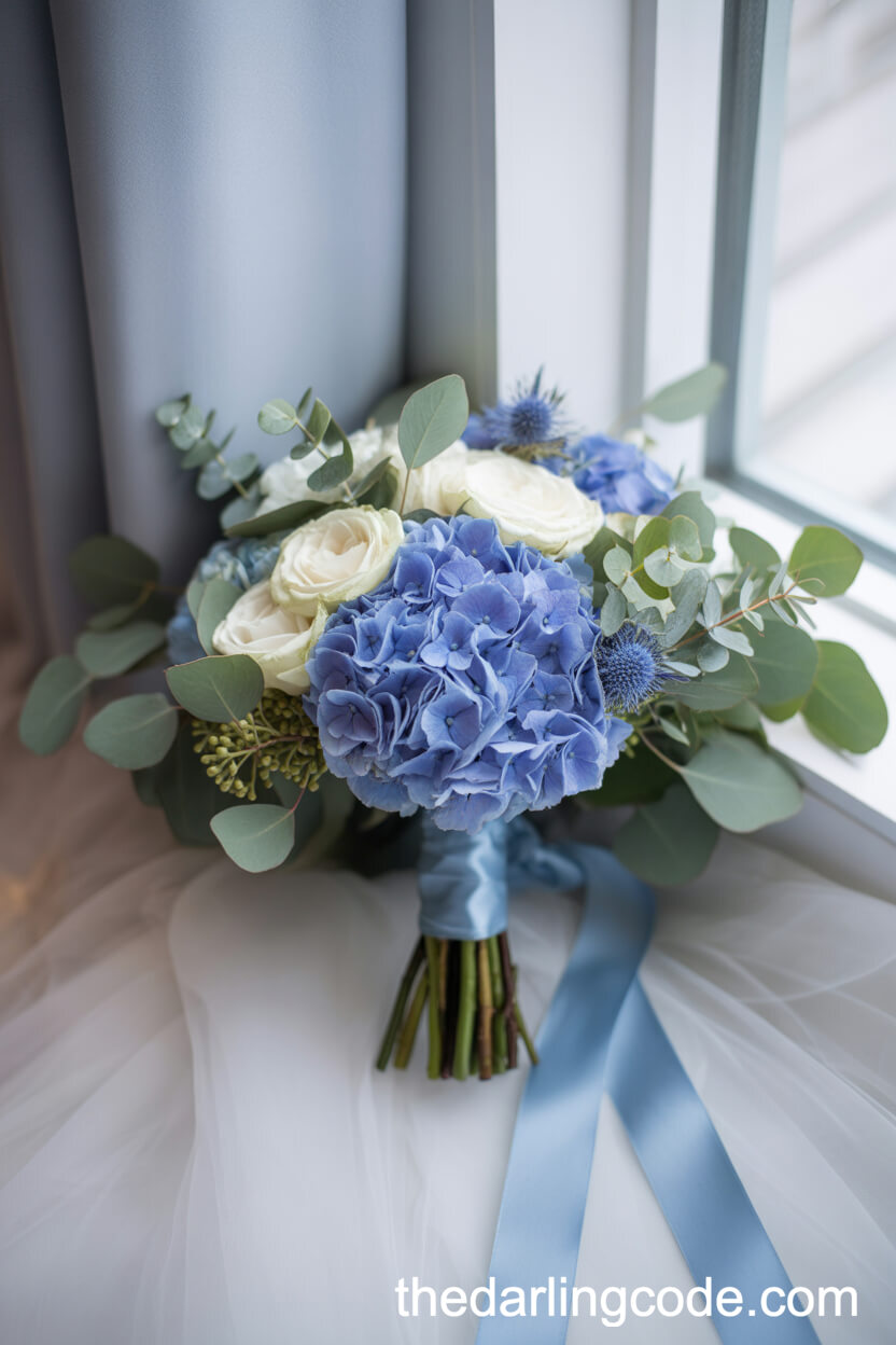 Blue Hydrangea And White Rose Refined Bouquet