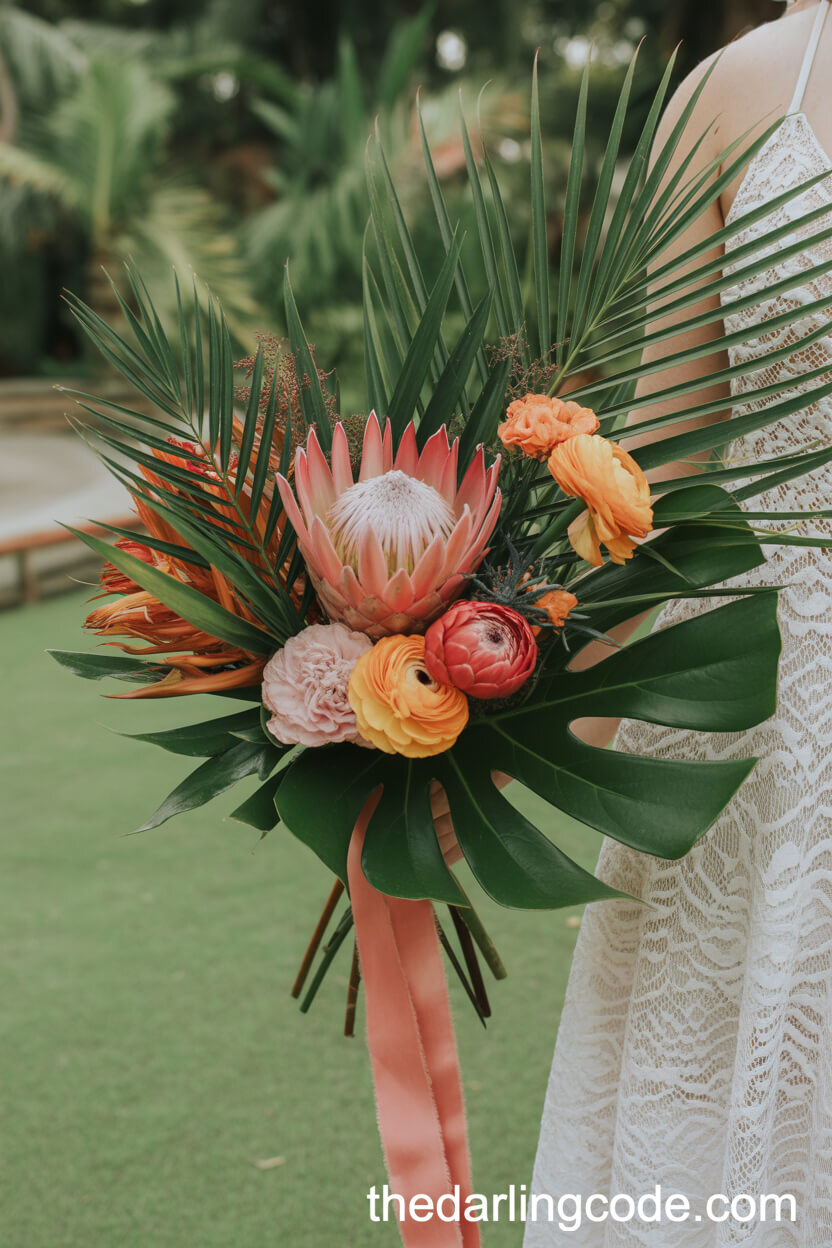 Tropical Pink Protea And Orange Ranunculus Bouquet