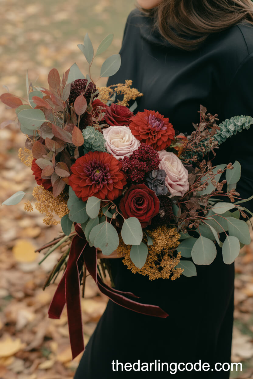 Autumn-Inspired Dahlia And Burgundy Rose Bouquet