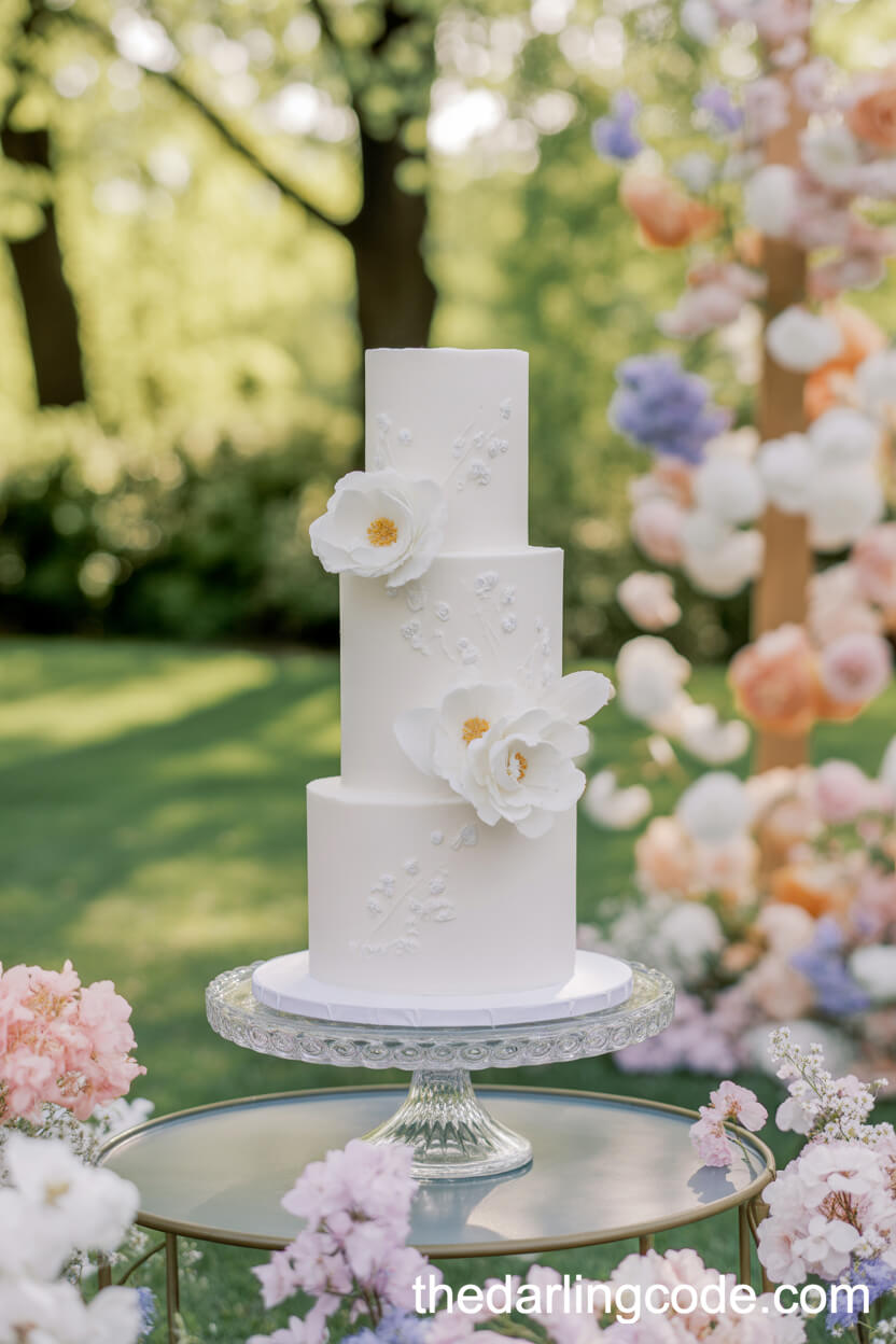 Spring Garden Elegance: White Wedding Cake With Delicate Sugar Flowers