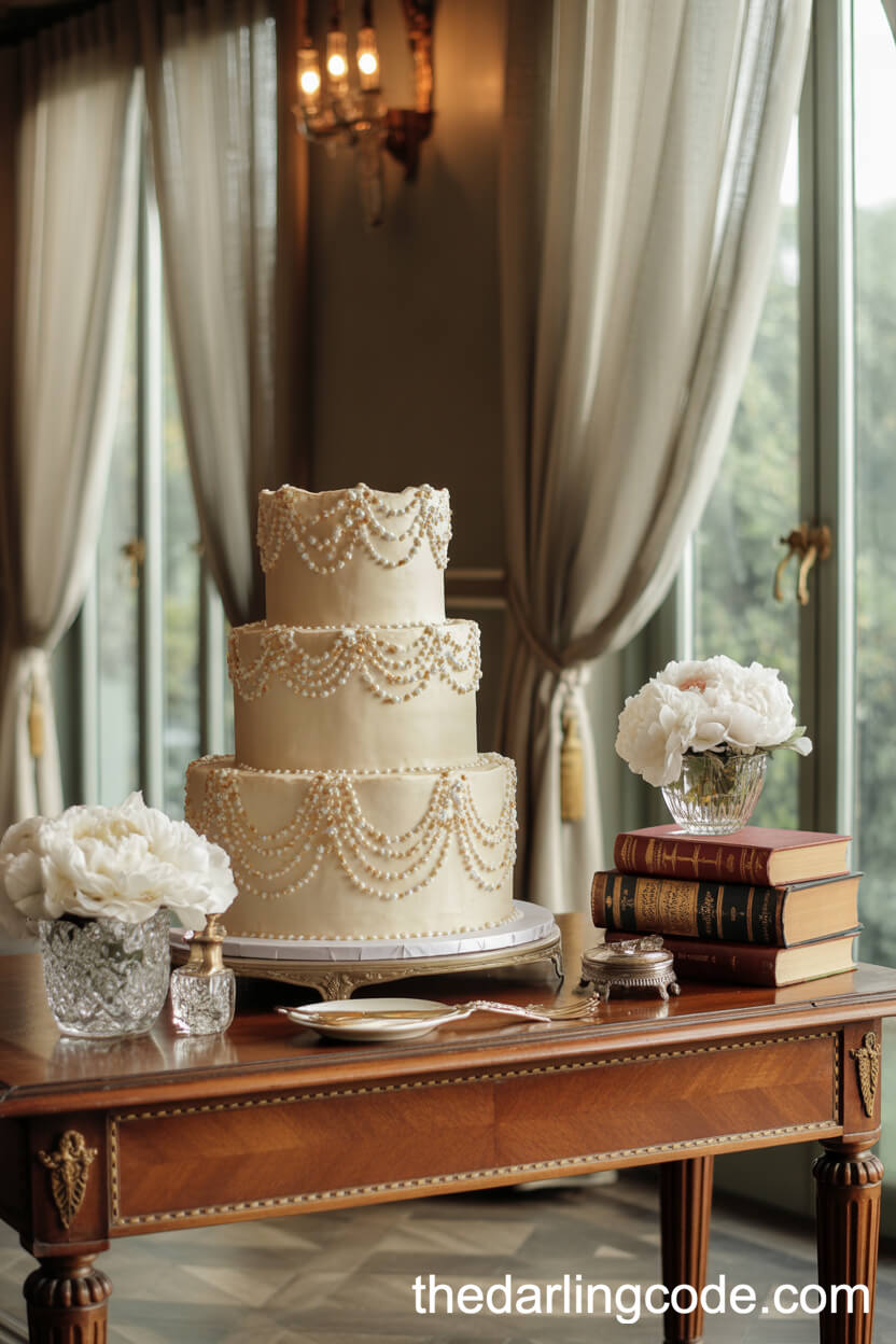 Vintage-Inspired Wedding Cake With Lace Piping And Sugar Pearls