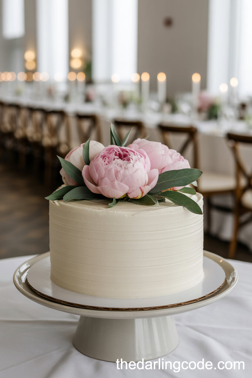 Simple Buttercream Cake Adorned With Pink Peonies