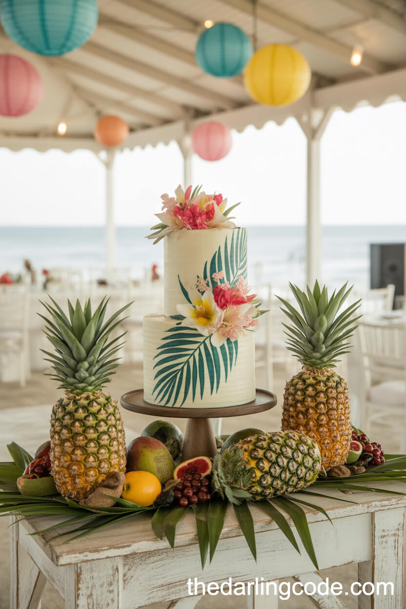 Tropical Wedding Cake With Colorful Flowers And Hand-Painted Leaves