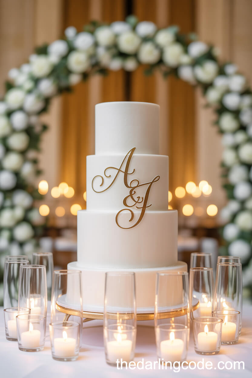 Classic Monogrammed White Wedding Cake Under A Floral Arch