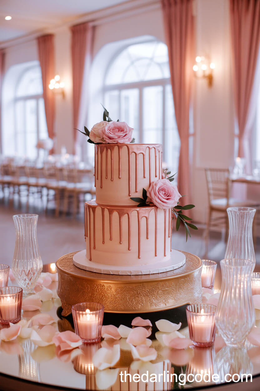 Romantic Rose Gold Drip Wedding Cake