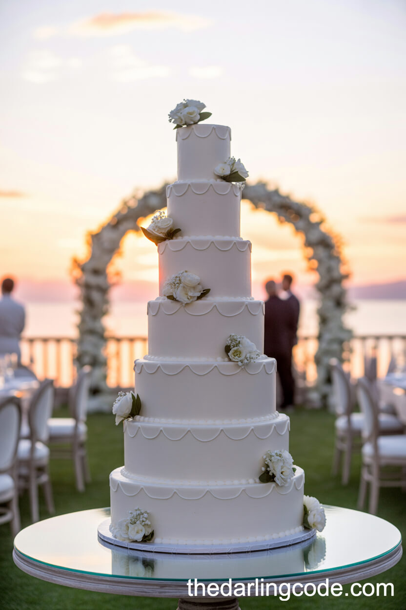Towering White Wedding Cake With Intricate Piping At Sunset