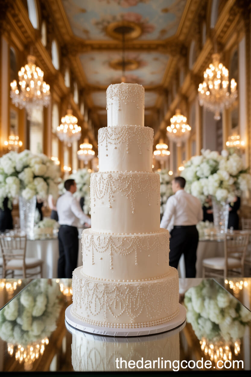 Pearl-Encrusted Wedding Cake With Sugar Lace In A Grand Ballroom
