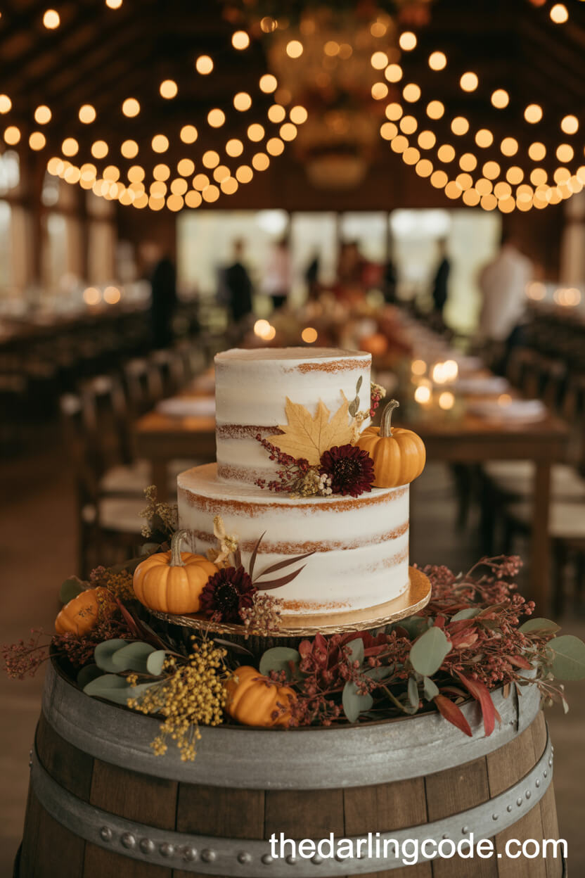 Autumn-Inspired Wedding Cake With Foliage And Burgundy Flowers
